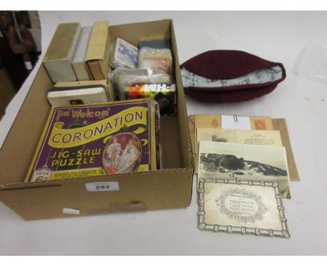 Boys red felt cap presented to G.B.J. Wadley by King George V, 1911, two boxed Coronation puzzles, a quantity of various play