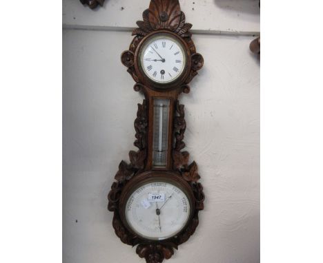 Victorian carved oak aneroid barometer / thermometer / clock