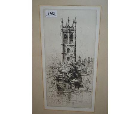 Sydney R. Jones, pair of artist signed etchings, Magdalen Tower, Oxford and Palace of Westminster clock tower, 15ins x 7ins, 