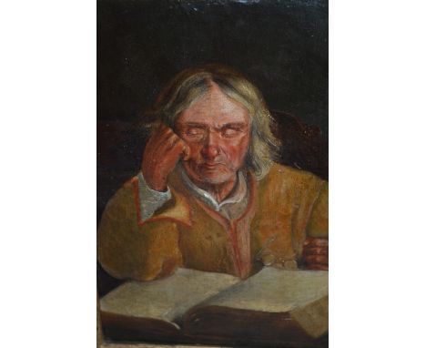 19th Century oil on millboard, portrait of a Cromwellian gentleman with a book, 9ins x 7ins
