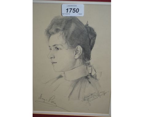 Pencil sketch, head and shoulder portrait of a lady, signed indistinctly, 9ins x 6ins, gilt framed, together with a coloured 