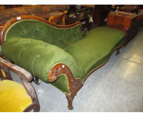 19th Century mahogany chaise longue having green dralon button upholstery and carved decoration raised on cabriole supports w