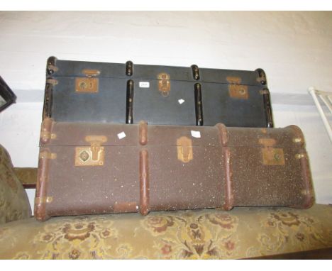 Two wooden bound travel trunks and a Fortnum and Mason wicker work hamper