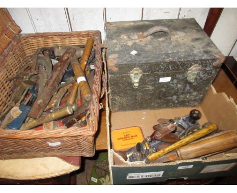 Green tool chest containing a large quantity of various tools including four planes and a small wooden box containing a quant