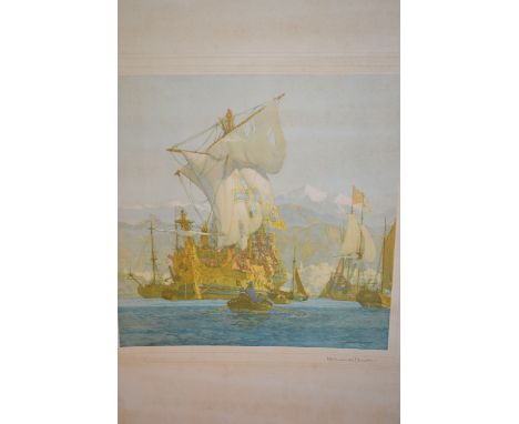 Norman Wilkinson, signed colour print of shipping together with a quantity of other engravings and etchings
