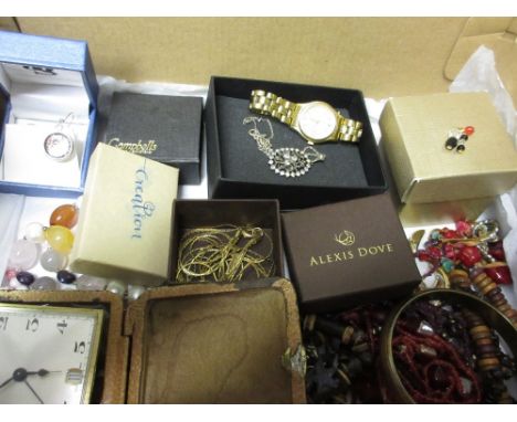 Box containing a quantity of various costume jewellery including a Swiza travelling alarm clock