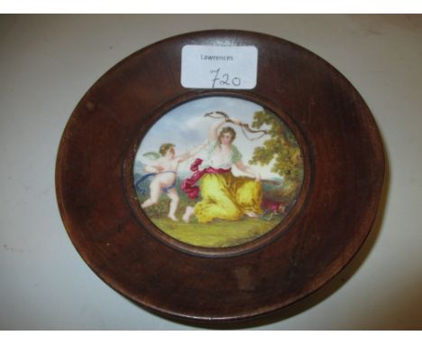Small oval mounted Continental porcelain plaque painted with a portrait of a lady (frame a/f) together with a circular framed