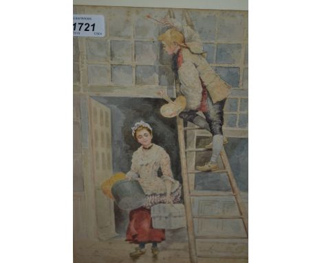 Leon Girardet, 19th Century watercolour, study of a painter on a ladder with lady carrying bags, signed and gilt framed, 12in