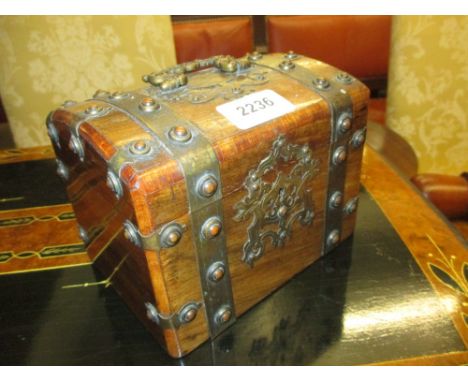 19th Century rosewood and brass bound casket form tea caddy with hinged cover
