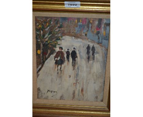 Mixed media painting on board, figures in a street, bearing signature Migliaro, 10ins x 8ins