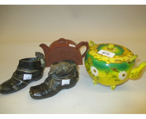 Pair of 19th Century terracotta vases in the form of shoes decorated with cats and mice, Chinese terracotta teapot and a Japa