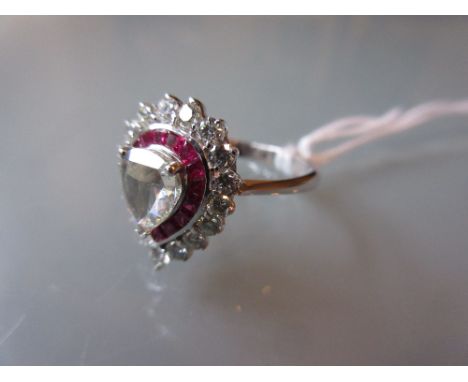 18ct White gold pear shaped diamond and ruby cluster ring