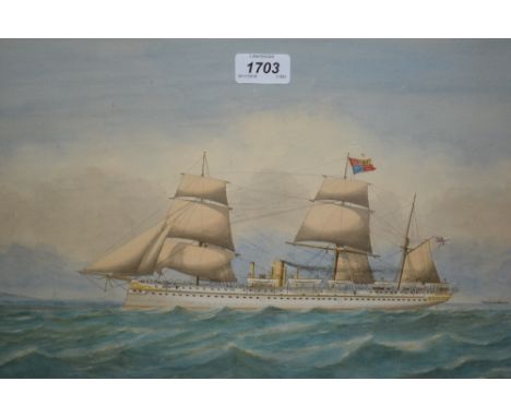 A. Wilkins, watercolour, portrait of a Royal steam and sailing yacht flying the Royal Ensign, signed, 11.5ins x 17.5ins, gilt