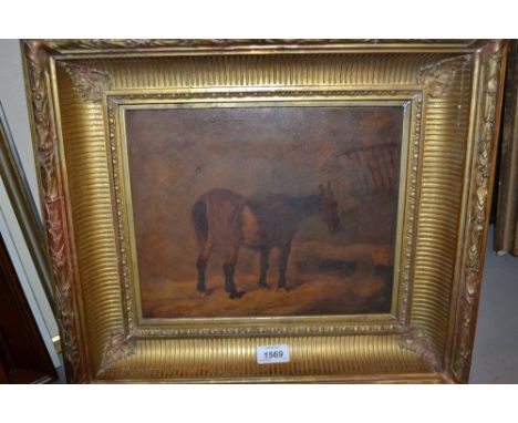 Manner of George Morland, 19th Century oil on canvas, portrait of a horse in a stable, 10ins x 12ins