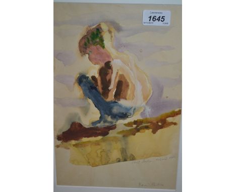 Watercolour, portrait of a crouching child, indistinctly signed and inscribed Finland 1962
