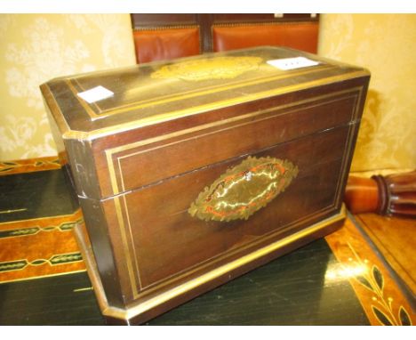19th Century French cut brass tortoiseshell and line inlaid tea caddy, the hinged cover enclosing a two division interior