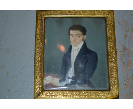 19th Century miniature watercolour portrait of a seated gentleman together with two photograph portraits