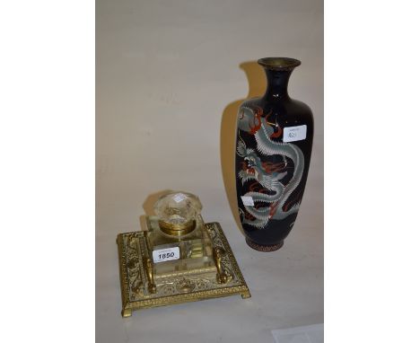 Edwardian brass inkwell with glass insert and a Japanese cloisonne vase (a/f)