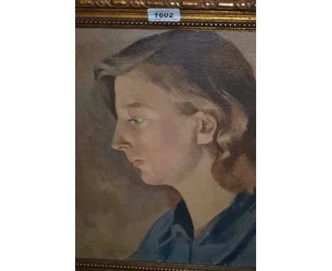 Oil on canvas, head and shoulder portrait of a young lady in a blue tunic, believed to be an early portrait of Virginia Wolfe