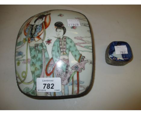 Chinese rectangular copper mounted porcelain box painted with ladies, together with a small porcelain and metal trinket box