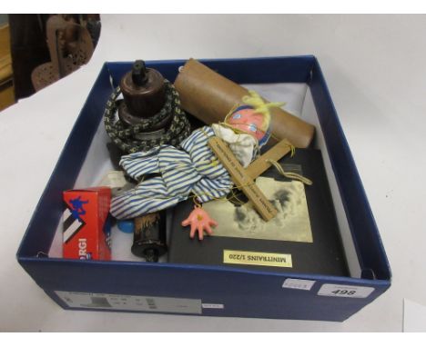 Two boxed miniature trainsets, a Pelham puppet, Bakelite hairdryer and other items 