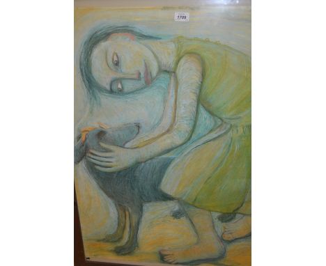 R. Swainston, large pastel of a girl with a dog, signed, 35ins x 27ins
