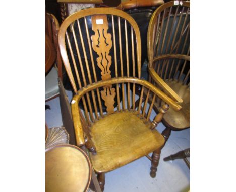 19th Century oak and elm Windsor stick and splat back elbow chair on turned supports with crinoline stretcher together with a