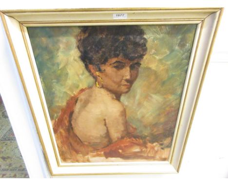 Mid 20th Century Continental oil on canvas, half length portrait of a semi nude young lady, 23ins x 19ins