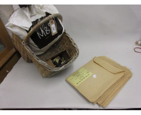 Vintage stair basket, part set of bone and ebony dominoes, four envelopes containing a quantity of various loose leaves of Wo