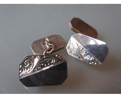 Pair of modern silver cufflinks with engraved decoration together with a Birmingham silver mounted hat pin