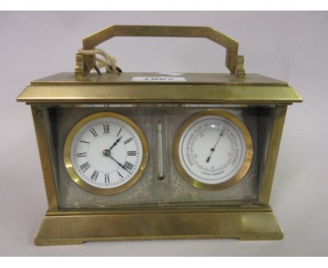 Edwardian brass clock / barometer / thermometer with a floral engraved silvered dial (a/f)