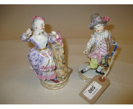Pair of late Meissen figures of a girl playing with a doll and a boy riding a hobby horse, 6.25ins high approximately (variou