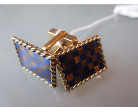 9ct Gold lapis lazuli and tigers eye chequer design cufflinks