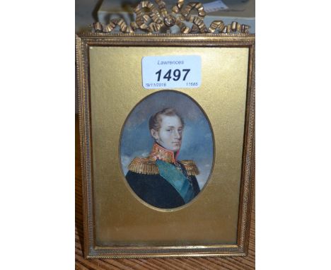 Well executed 19th Century oval miniature watercolour portrait of Nicholas I, rectangular gilt framed with bow surmount