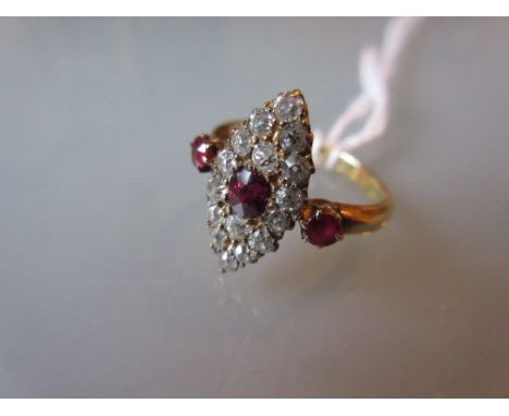 Late Victorian ruby and diamond set marquise ring