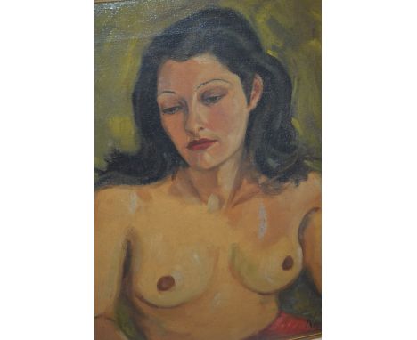 Oil on canvas, half length portrait of a female nude, indistinctly signed, together with an unframed oil on canvas, female nu