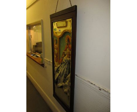 Rectangular mahogany framed wall mirror with bevelled edge plate, simulated snake skin travel trunk and an oak firescreen wit