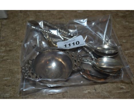 Miniature two handled silver quaich, silver caddy spoon and nine various other small silver spoons