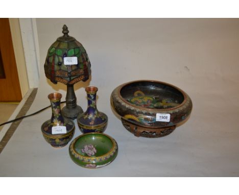 Pair of modern cloisonne vases, cloisonne bowl on stand, similar smaller bowl and a Tiffany style table lamp