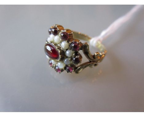 Victorian gold cabochon garnet and seed pearl set ring