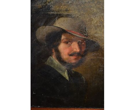 Oil on canvas laid down on board, portrait of a man wearing a wide brimmed hat (a/f) together with a pastel portrait of a man