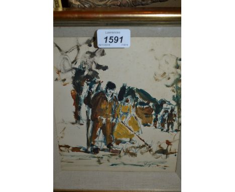 Mixed media on paper, farm workers in a landscape, signed Wirgman, 8ins x 7ins