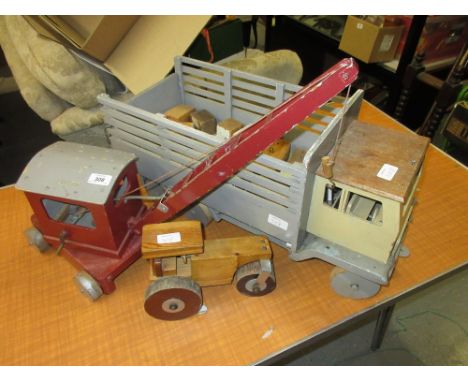 Russell wooden toy crane together with a wooden toy lorry and steam roller