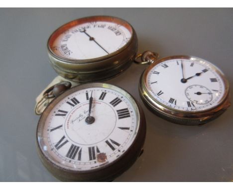 Gold plated pocket watch together with a Superior Railway Timekeeper pocket watch (a/f) and a pocket barometer