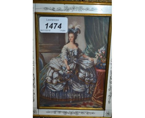 Continental oil on ivorine, full length portrait of an 18th Century lady, indistinctly signed, in a decorative gilt brass and