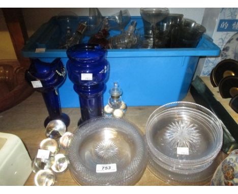 Cranberry glass Mary Gregory style jug decanter, two blue glass vases and a quantity of ice plates and other glassware
