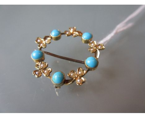 18ct Gold turquoise and seed pearl Victorian brooch
