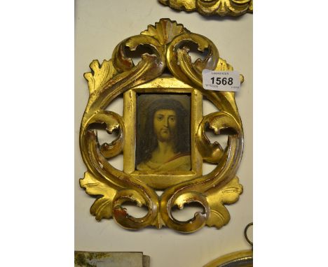 Small antique oil, portrait of Christ, housed in a Florentine carved giltwood frame