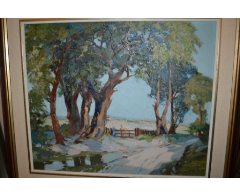 Francesco Pablo de Besperato, Czechoslovakian school oil on canvas, figures by a gate on a lane beneath trees, signed, gilt f