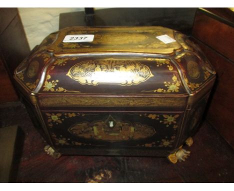 20th Century Chinese shaped two division tea caddy with chinoiserie decoration having two division pewter canisters